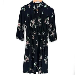 HM Black Floral High Tie Neck 3/4 Sleeve Mini Dress XS Dark Floral Romantic